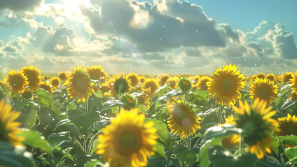 A field of sunflowers swaying gently in the breeze under the warmth of the sunny sky.
