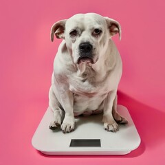 obese grumpy dog sat on a scale