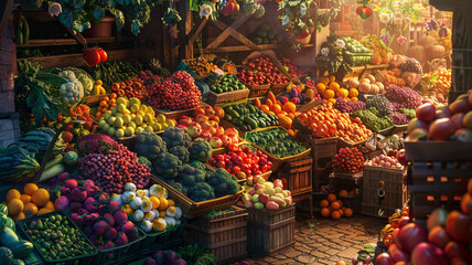A vibrant market stall overflowing with fresh fruits and vegetables. - obrazy, fototapety, plakaty