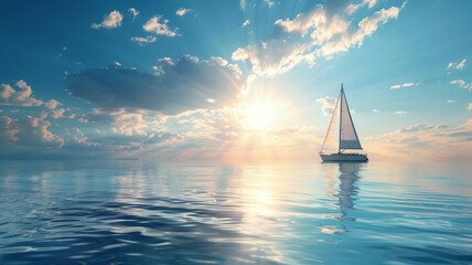 A lone sailboat sailing peacefully on calm waters beneath the expansive sunny sky.