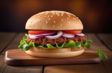 Burger with meat, vegetables on a wooden stand. Food photography for fast food restaurant business. Menu cover. A hamburger, chicken burger or cheeseburger for a recipe book.