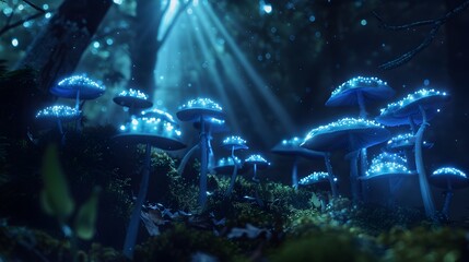 Glowing Bioluminescent Mushrooms Racing Through a Moonlit Enchanted Forest