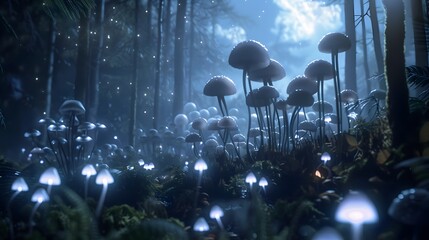Glowing Mushrooms Propel through Enchanted Moonlit Forest in Whimsical Fantasy Adventure - obrazy, fototapety, plakaty