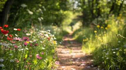 A peaceful countryside path lined with blooming wildflowers.