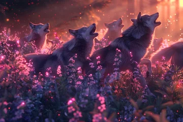 Foto op Plexiglas Wolves Howling in Glowing Flower Field Under Magical Starry Night Sky © T