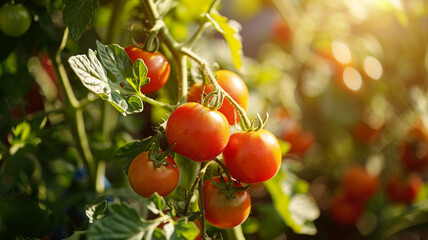 A cluster of ripe tomatoes growing in a sun-drenched garden.