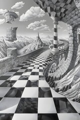 Surreal Chessboard Landscape with Towering Castles and Winding Paths in the Clouds