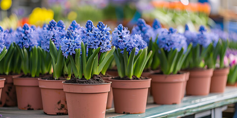 blue violet flowering hyacinths in pots ,Blue and Violet Hyacinths Adorning Pots in a Colorful...