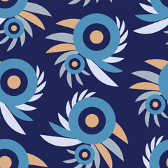 Vector graphic seamless pattern. Circles and swirls on a blue background.