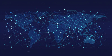 World map with connected lines and dots on dark background, representing global connectivity, Abstract blue background. Network connection