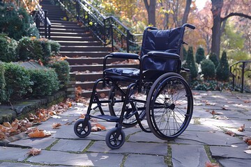 Fototapeta na wymiar Empty Wheelchair on a Cobblestone Path Surrounded by Autumn Leaves