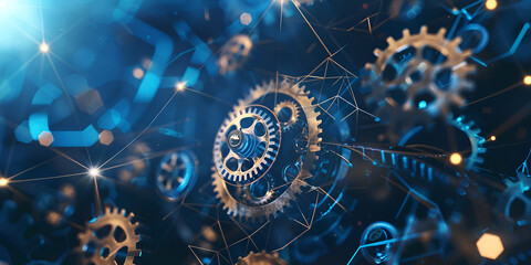 futuristic abstract background with interlocking gears and cogs, Abstract gear wheels background. 3d rendering toned image double exposure