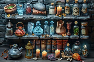 Assortment of Antique Potions and Artifacts on Stone Shelves in a Dimly Lit Alchemists Lair - obrazy, fototapety, plakaty