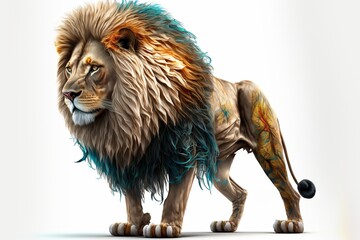 3D furry forest lion with beautiful colors and white background. with Generative AI technology	