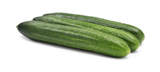 Many long fresh cucumbers isolated on white