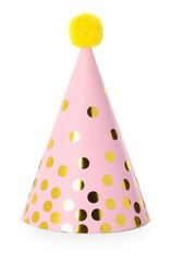 One pink party hat with pompom isolated on white