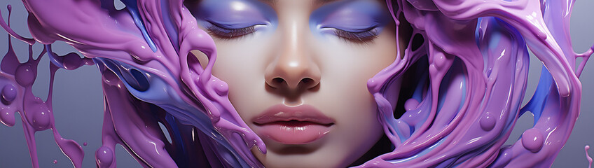 Neon girl, luxury, rich, fashionable, disco, neon light, beautiful face, makeup, face paint, colored skin, ultra . wide background wallpaper screensaver, abstract waves, 32:9, 53:15