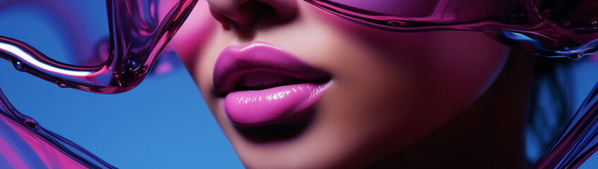 Neon girl, luxury, rich, fashionable, disco, neon light, beautiful face, makeup, face paint, colored skin, ultra . wide background wallpaper screensaver, abstract waves, 32:9, 53:15