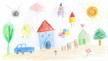 Fototapeta premium Fantasy Realms, Child's Chalk Drawings on White Background