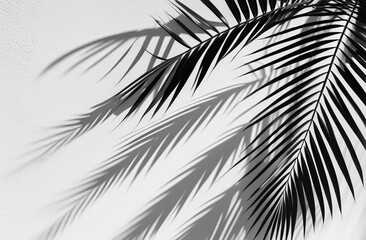Obraz premium Silhouette of tropical palm bamboo leaf, branch and shadow plant on white wall. Space for text. Decorative element. Monochrome black, white template. Perfect mock up product demonstration. Copy space