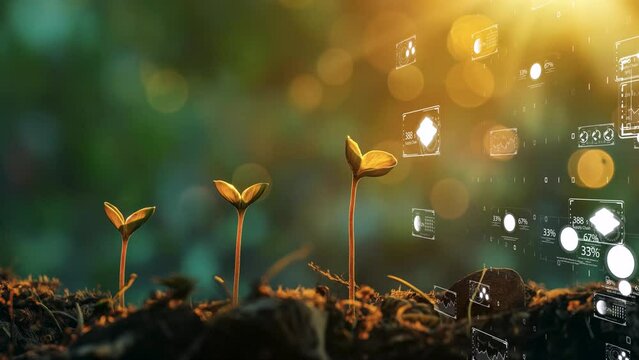 Concept of sustainable development, with a plant and digital indicators of environmental health.