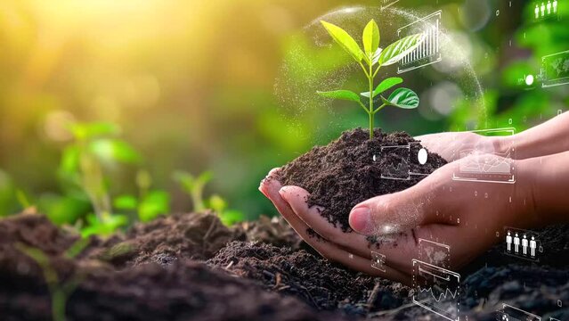 Concept of sustainable development, with a plant and digital indicators of environmental health.