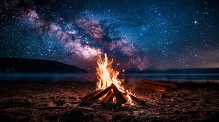 A campfire blazing under a starry night sky.