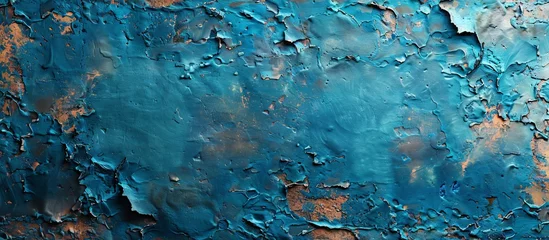 Fotobehang The blue and orange paint is peeling off a weathered wall, revealing its worn surface underneath © LukaszDesign
