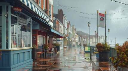 A coastal promenade with drizzle creating a dreamy haze over seaside cafes and shops - obrazy, fototapety, plakaty