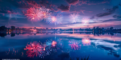 view of fireworks lighting up the sky above a river, with the reflection of the colors on the water, 