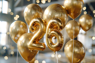 Number 26 in golden balloons, party, anniversary or birthday