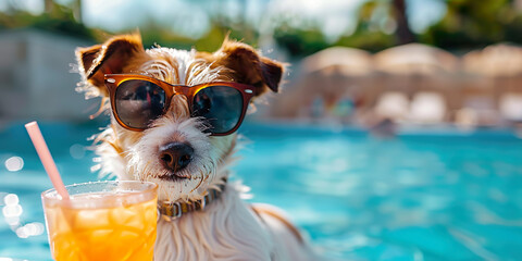Dog with sunglasses, with drink and straw, hotel pool in the background