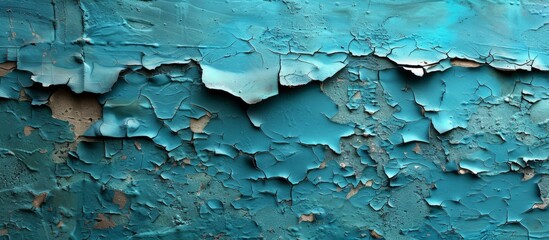 Close up view of peeling blue paint chipping off the surface of a weathered concrete wall, revealing the raw texture underneath - obrazy, fototapety, plakaty
