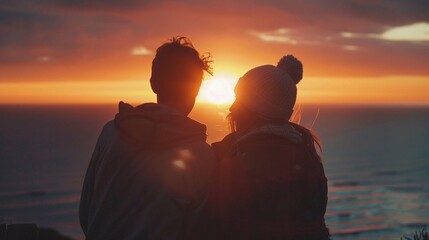 A couple sharing a tender moment while watching the sunset over the ocean.