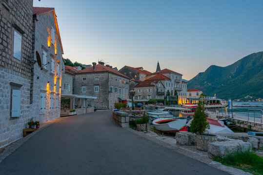 Sunrise view of Perast town in Montenegro situated at Boka Kotorska bay