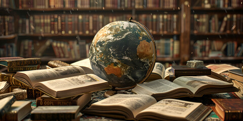 World book day with earth globe and book background.AI Generative