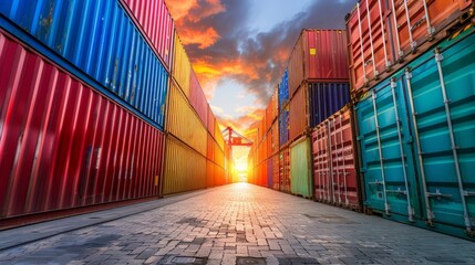 Rows of cargo containers ready to be shipped oversea  AI generated illustration - obrazy, fototapety, plakaty