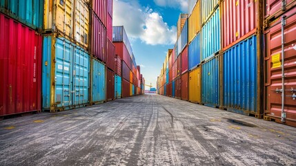 Fototapeta premium Rows of cargo containers ready to be shipped oversea AI generated illustration