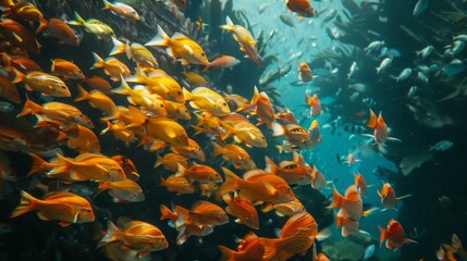 Fototapeta na wymiar Schools of fish swimming gracefully in unison AI generated illustration