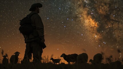 Shepherds Vigil The silhouette of a shepherd stands  AI generated illustration