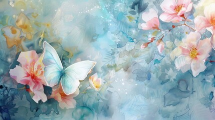 Fototapeta na wymiar Soft and ethereal a watercolor butterfly flutters gently amidst a garden of delicate blossoms AI generated illustration