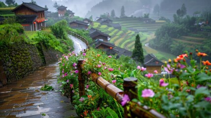 yamanoma, a thatched cottage built on a mountain, small vegetable garden, so green., rainy weather, clear image quality, shooting on a hillside, colorful flowers - generative ai - obrazy, fototapety, plakaty