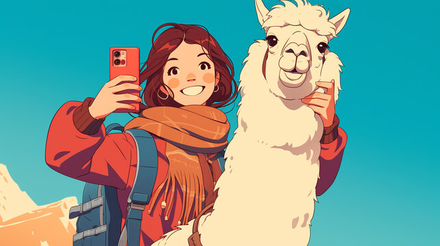 A woman is taking a picture of a llama with a red phone
