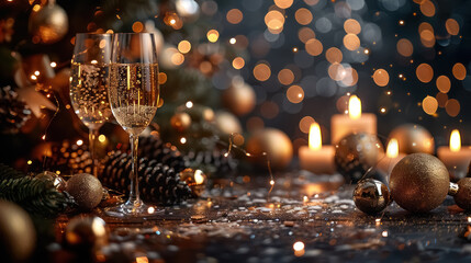 new year’s eve party decorations and countdown with sparkle and champagne and decorations - obrazy, fototapety, plakaty