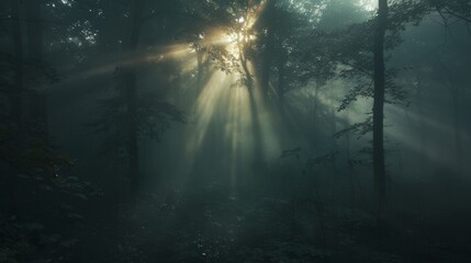 Sunlight filtering through the fog in a forest  AI generated illustration