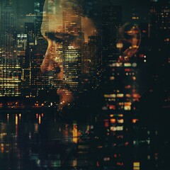 Double exposure combines the face of a man and the glowing windows of a big city at night. Panoramic view. Illustration for cover, card, postcard, interior design, poster, brochure or presentation.