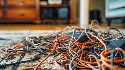 Tangled cords and cables snaking along the floor  AI generated illustration
