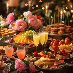 Fototapeta na wymiar Elegant Mimosa Brunch Ideas: A Symphony of Colorful Dishes and Refreshing Drinks