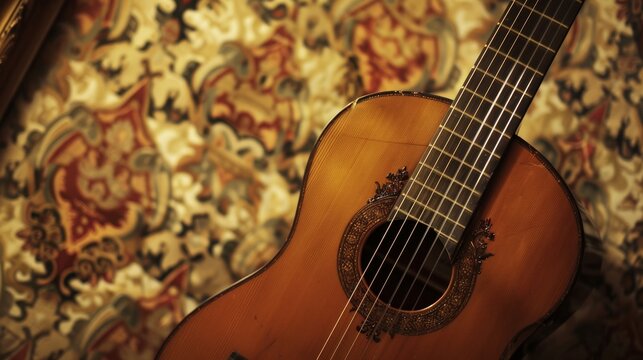A close-up photo of a classical guitar against a wallpaper backdrop.