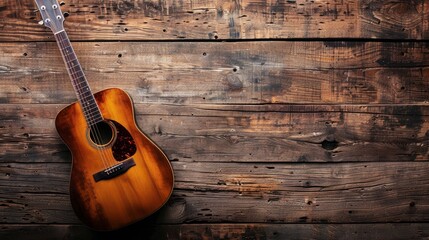 Acoustic guitar on a rustic wooden surface. Copy space for text - obrazy, fototapety, plakaty